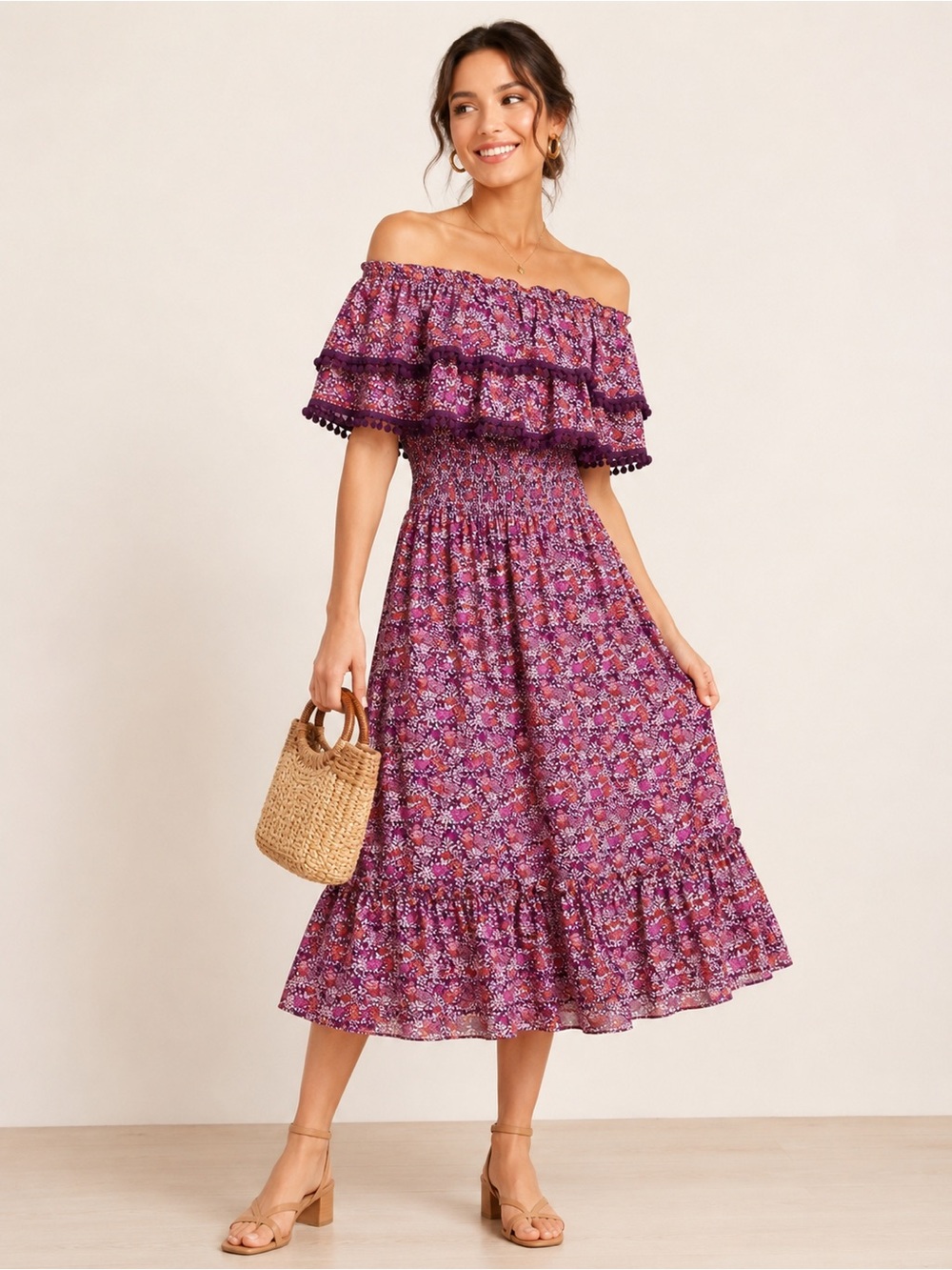 MISA Los Angeles Maribel Off Shoulder Floral Midi Dress Large Boho Romantic